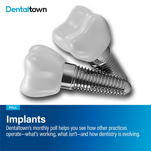 Poll: Implants Dentaltown's monthly dental poll reveals how other practices operate, what works, what doesn’t and how dentistry is evolving. The information we gather each month helps us measure trends in the profession. Take a look at this month’s topic and results on implants.