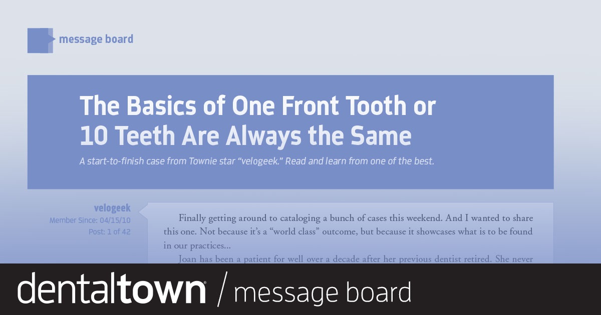 The Basics of One Front Tooth or 10 Teeth Are Always the Same    A start-to-finish case from Townie star “Velogeek.” Read and learn from one of the best.