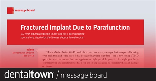 Fractured Implant Due to Parafunction A 7-year-old implant breaks in half and has the dentist wondering how and why. Read what the Townies deduce from the facts.