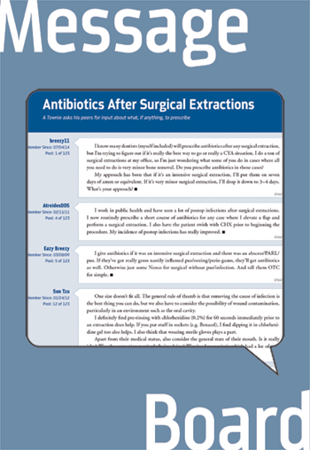 Antibiotics After Surgical Extraction  A Townie asks his peers for input about prescribing antibiotics after surgical extractions.