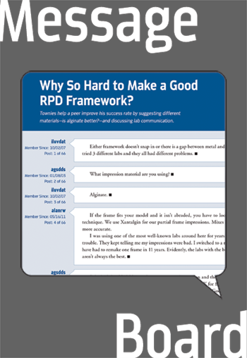 Why So Hard to Make a Good RPD Framework?  Townies help a peer improve his success rate by suggesting different materials—is alginate better?—and discussing lab communication.