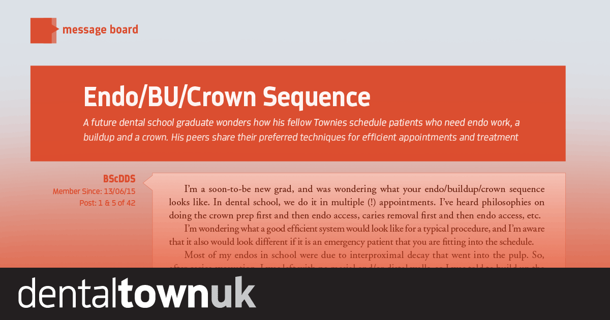 Endo/BU/Crown Sequence A future dental school graduate wonders how his fellow Townies schedule patients who need endo work, a buildup and a crown. His peers share their preferred techniques for efficient appointments  and treatment.